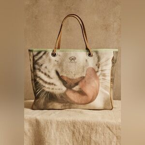 Anya Hindmarch Beige Tiger Print Canvas Tote with Tan Leather Handles